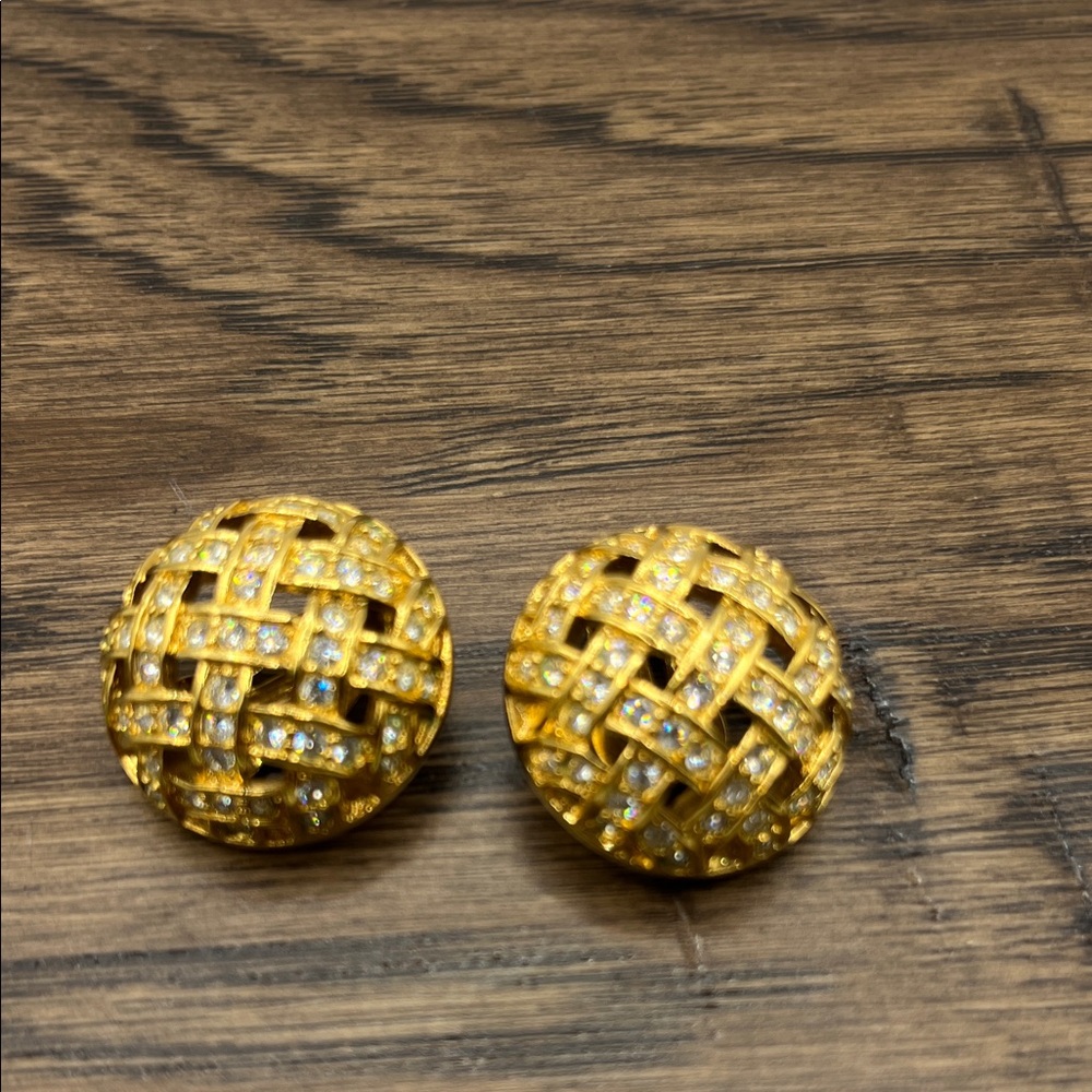 Swarovski Gold Crystal Earrings Basket weave Domed Clip on Earrings
